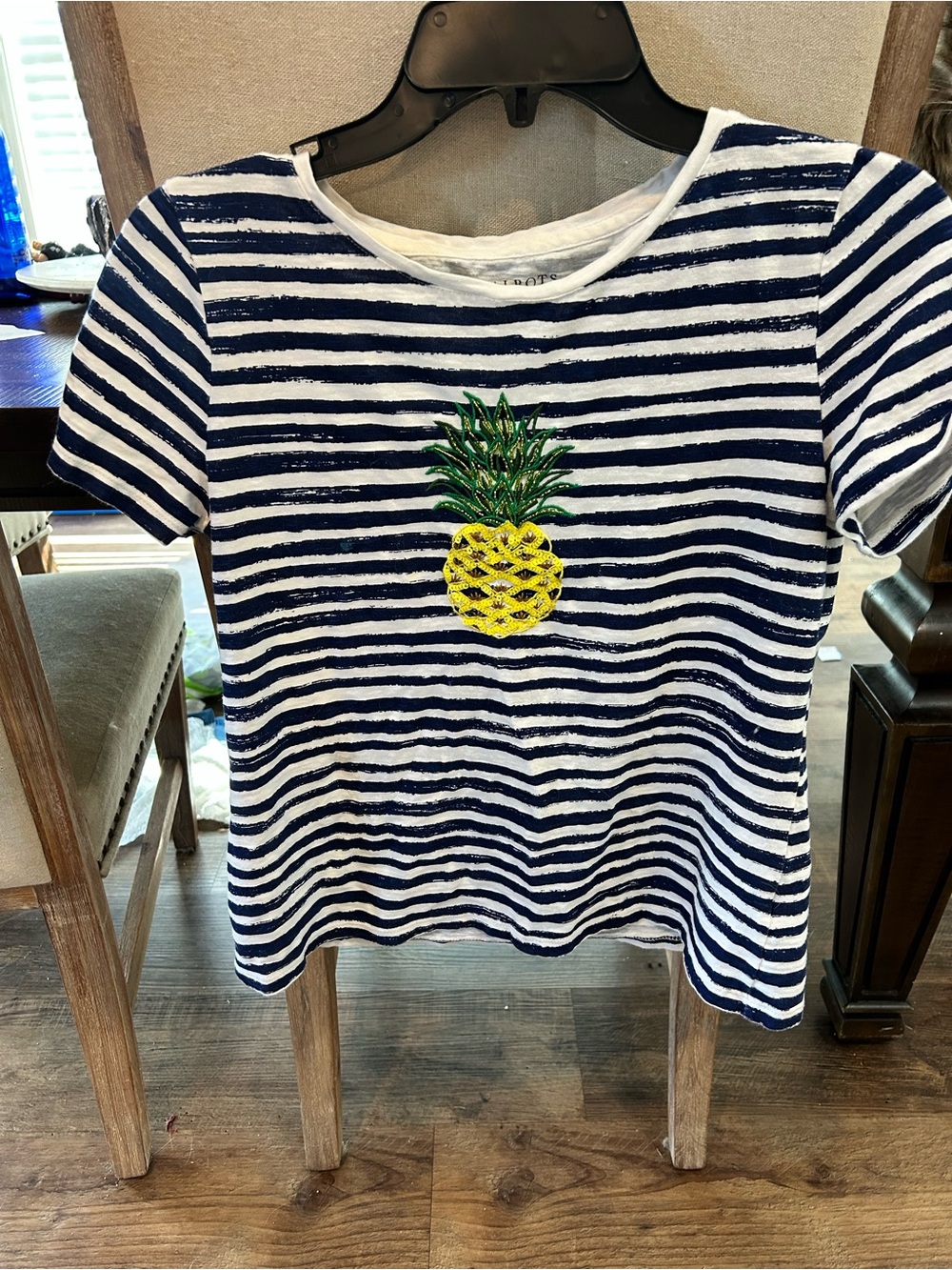 Talbots Navy & White Striped Short Sleeve Tee with Pineapple Applique